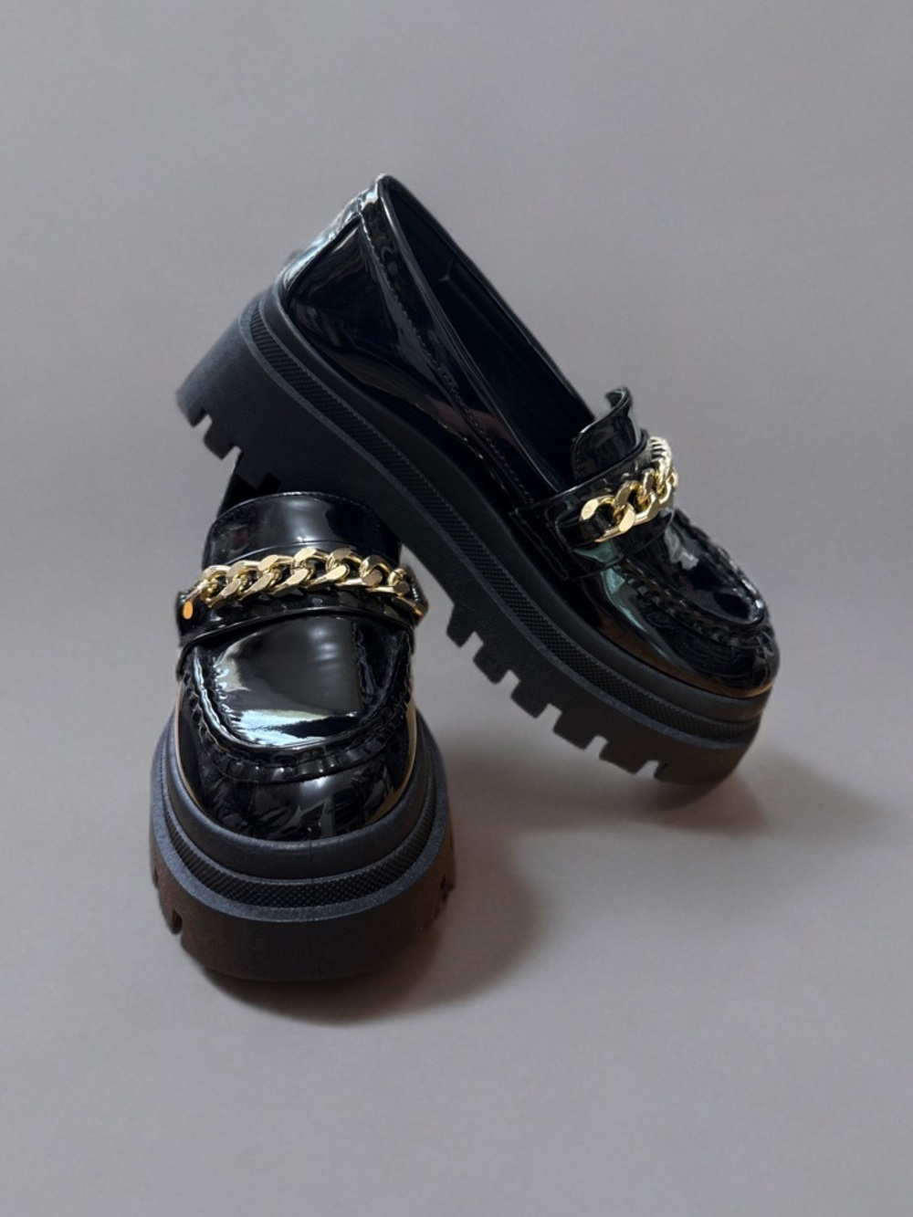 Forever 21 Black Patent Platform Loafers with Gold Chain